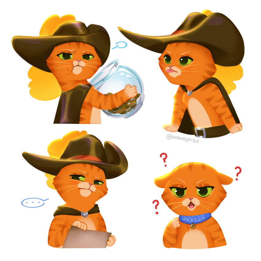 anthro attitude blep bowl cape clothing collar confusion container domestic_cat dreamworks ears_down eating felid feline felis food frown fur green_eyes hat headgear headwear hi_res holding_object looking_at_viewer male mammal multiple_images multiple_poses narrowed_eyes open_mouth orange_body orange_fur pivoted_ears pose pouting puss_in_boots_(character) puss_in_boots_(dreamworks) question_mark solo tabby_cat tongue tongue_out wawapras whiskers