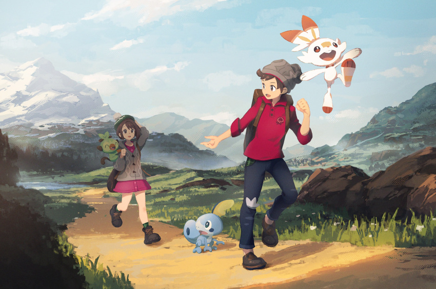 blue_pants brown_hair cardigan dress gloria_(pokemon) grasslands green_headwear grey_cardigan grookey hat highres hooded_cardigan kinshi mile mountain on_head pants pink_dress plaid_socks pokemon pokemon_(creature) pokemon_on_arm pokemon_on_head pokemon_swsh red_shirt rock running scorbunny shirt sobble starter_pokemon_trio tam_o'_shanter victor_(pokemon)