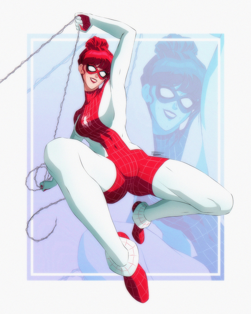 1girl absurdres bodysuit breasts covered_navel domino_mask grin highres levidu99 marvel mary_jane_watson mask medium_breasts red_bodysuit red_hair red_lips skin_tight smile solo spider-man_(series) spinneret_(marvel) superhero_costume swinging two-tone_bodysuit updo white_bodysuit