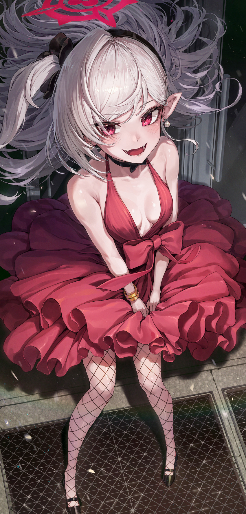 1girl absurdres black_footwear blue_archive blush breasts dress fishnet_pantyhose fishnets full_body grey_hair halo highres kokukyukeo long_hair looking_at_viewer mutsuki_(blue_archive) mutsuki_(dress)_(blue_archive) official_alternate_costume open_mouth pantyhose pointy_ears red_dress red_eyes red_halo shoes sleeveless sleeveless_dress small_breasts smile solo standing