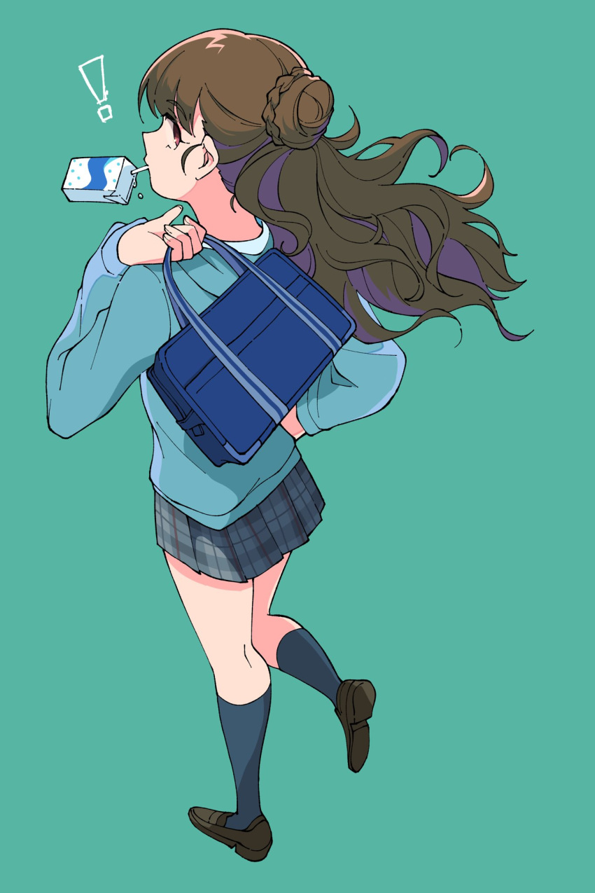 ! 1girl bag brown_hair drinking drinking_straw floating_hair from_above from_behind full_body green_background green_jacket green_skirt green_socks green_theme hair_bun hand_up highres holding holding_bag idolmaster idolmaster_cinderella_girls idolmaster_cinderella_girls_starlight_stage jacket kamiya_nao kneepits loafers long_hair looking_at_viewer looking_up mouth_hold niyororinpayamaru plaid plaid_skirt pleated_skirt school_bag school_uniform shirt shoes simple_background single_hair_bun skirt socks solo standing standing_on_one_leg white_shirt