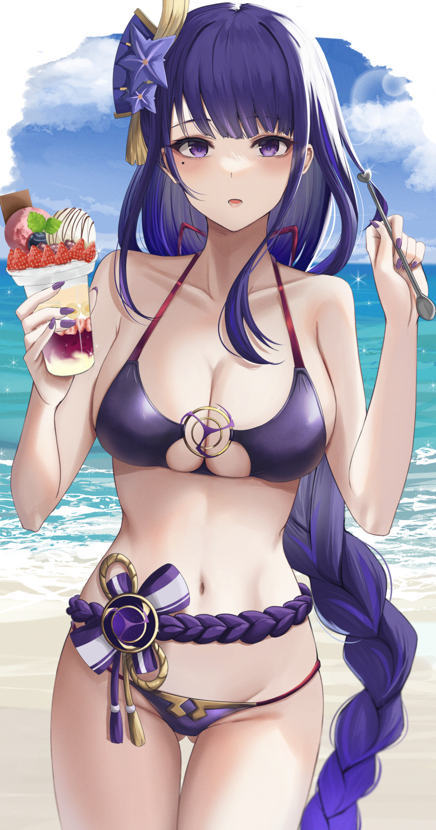 1girl absurdres alternate_costume ass_visible_through_thighs bangs bare_arms bare_shoulders beach bikini blue_sky braid braided_ponytail breasts cleavage collarbone commentary_request cowboy_shot day food genshin_impact hair_ornament halterneck hands_up highres holding ice_cream large_breasts long_hair mole mole_under_eye navel ocean outdoors parted_lips purple_bikini purple_eyes purple_hair raiden_shogun rope sand shimenawa single_braid sky solo spoon stomach string_bikini sundae swept_bangs swimsuit thigh_gap thighs very_long_hair vision_(genshin_impact) water yamikyon