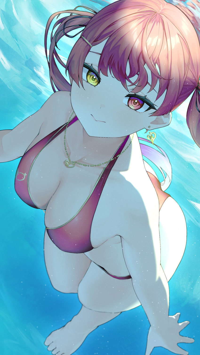 1girl absurdres amatou_(ko_me_9) bikini breasts collarbone earrings eyelashes halterneck heart heart_earrings heart_necklace heterochromia highres hololive houshou_marine houshou_marine_(summer) jewelry large_breasts necklace red_bikini red_eyes red_hair solo swimsuit underwater yellow_eyes