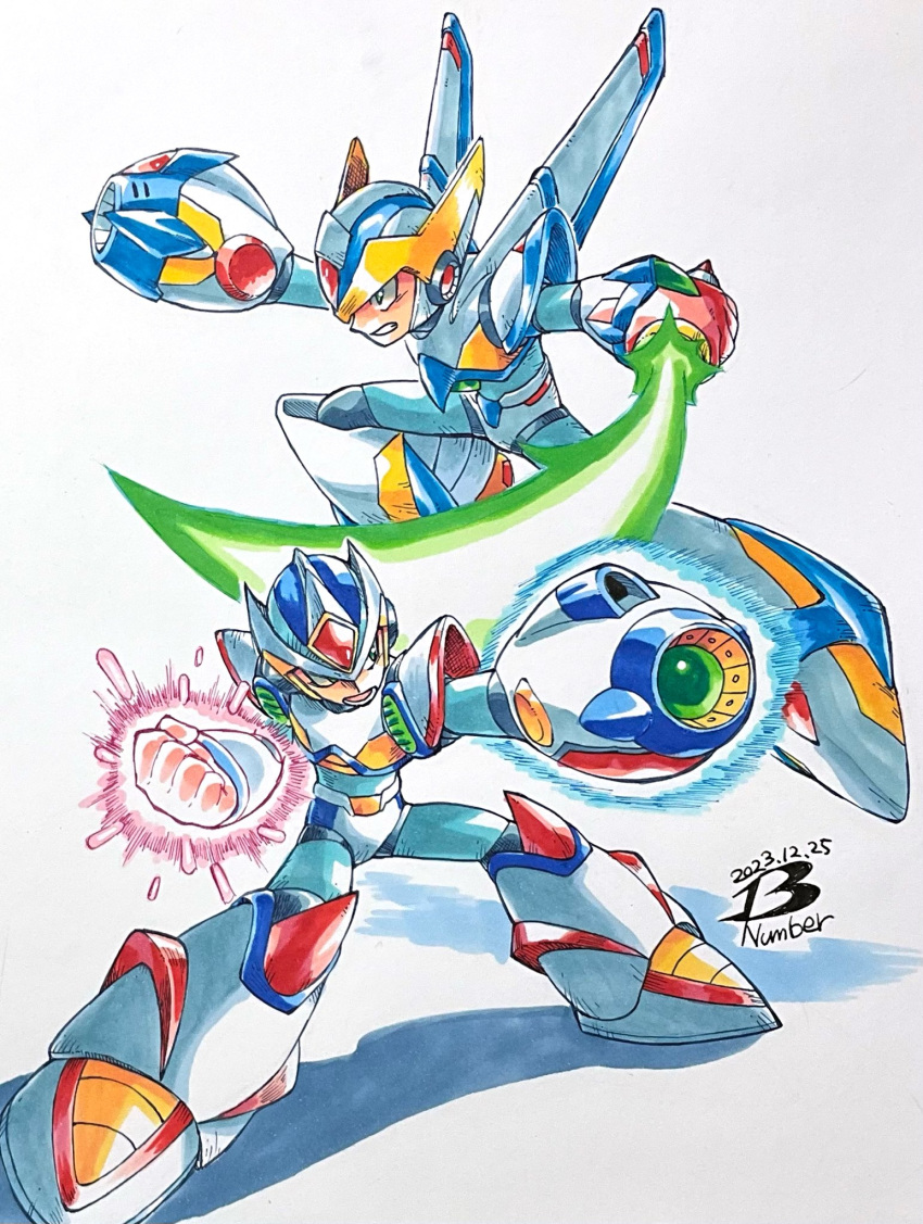 1boy arm_cannon armor blade_armor_x_(mega_man) blue_headwear energy_sword forehead_jewel glowing glowing_fist glowing_hand green_eyes highres holding holding_sword holding_weapon mechanical_wings mega_man_(series) mega_man_x_(series) multiple_views pn13ban second_armor_x_(mega_man) shadow simple_background standing sword traditional_media weapon white_armor white_background wings x_(mega_man) z_saber