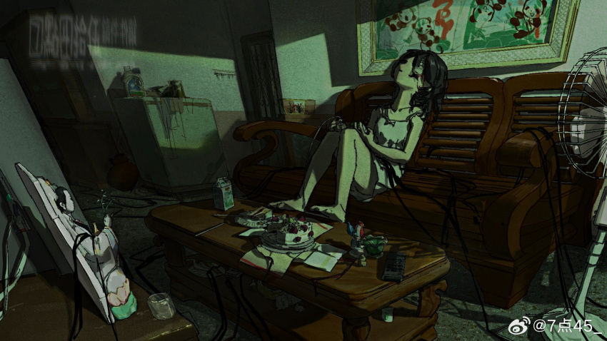 1girl 745 bare_legs barefoot black_hair bottle cable cake camisole can chair chinese_commentary closed_mouth controller couch detergent electric_fan food highres holding indoors messy_room milk_carton on_couch original painting_(object) shirt shorts sitting solo statuette strawberry_shortcake table weibo_logo weibo_username white_camisole