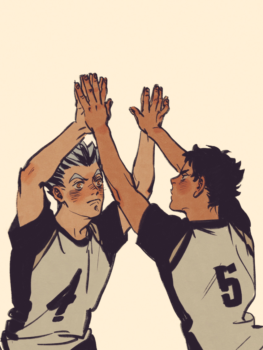 2boys akaashi_keiji arms_up black_hair bokuto_koutarou brown_eyes chengongzi123 closed_mouth double_high_five grey_hair haikyuu!! highres looking_at_another male_focus multicolored_hair multiple_boys shirt short_hair short_sleeves simple_background sportswear streaked_hair t-shirt thick_eyebrows upper_body very_short_hair volleyball_uniform yellow_background