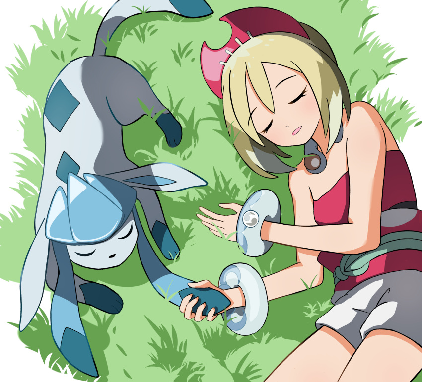 1girl absurdres bare_shoulders bracelet closed_eyes glaceon grass highres irida_(pokemon) jewelry light_brown_hair mikan_(mikan_no_happa) necklace on_grass pokemon pokemon_(creature) pokemon_legends:_arceus red_shirt shirt short_hair short_shorts shorts sleeping sleeveless sleeveless_shirt white_shorts