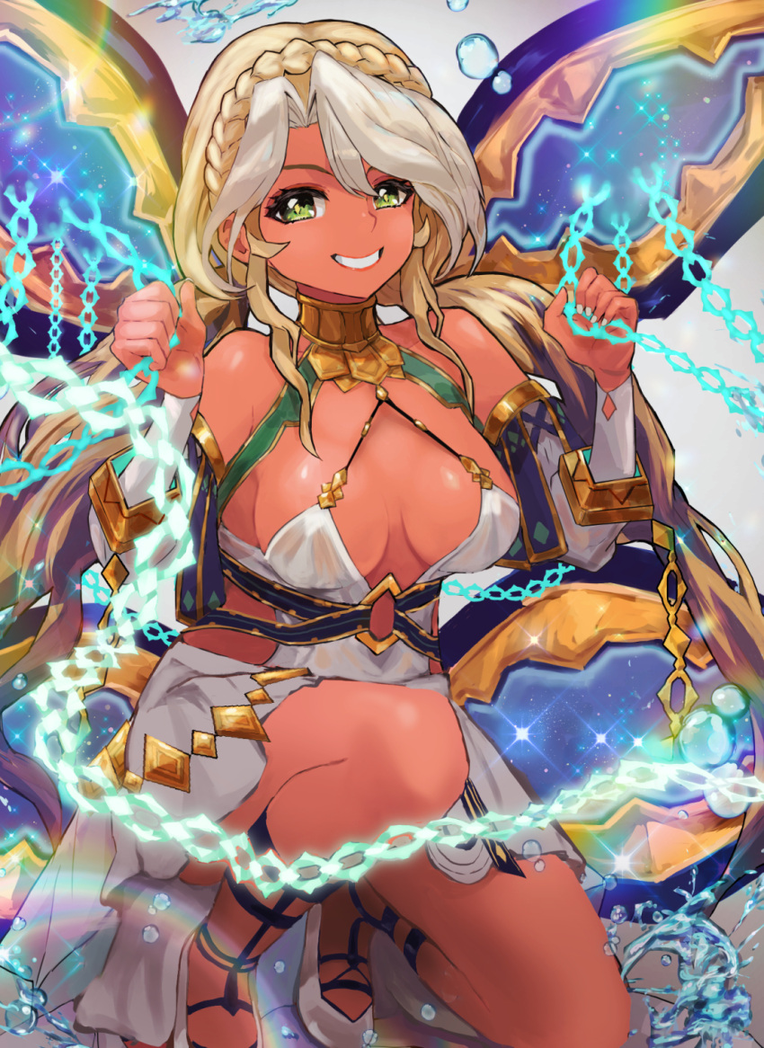 1girl andromeda_(fate) andromeda_(first_ascension)_(fate) armlet bare_shoulders blonde_hair braid breasts chain cleavage collar crown_braid cuffs dark-skinned_female dark_skin detached_sleeves dress fate/grand_order fate_(series) gold_teeth green_eyes grin hair_ornament highres inuyou jaws jewelry large_breasts long_hair looking_at_viewer low_twintails metal_collar multicolored_hair shackles short_dress sidelocks smile solo squatting twintails two-tone_hair water_drop white_dress white_hair