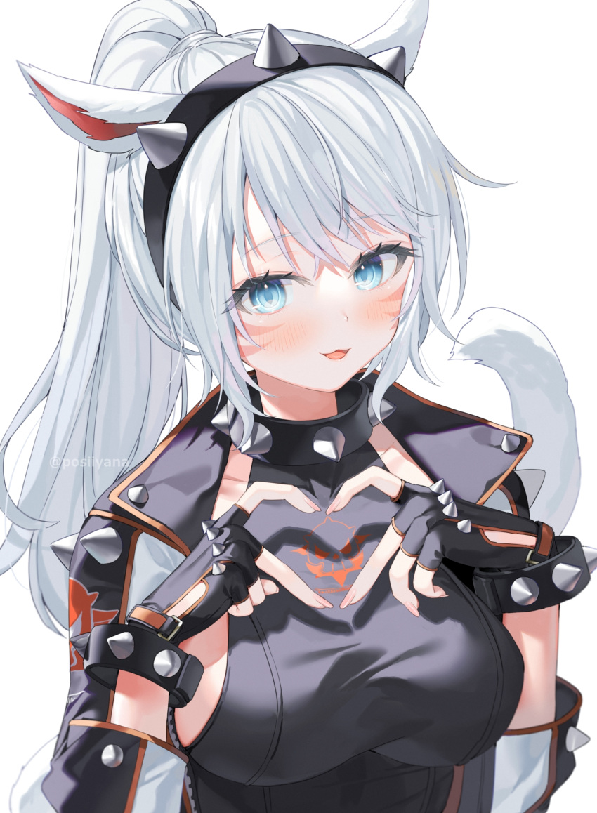 1girl animal_ears blue_eyes blush bracelet breasts cat_ears cat_tail collar facial_mark final_fantasy final_fantasy_xiv fingerless_gloves gloves grey_hair hairband heart heart_hands highres jewelry large_breasts long_hair looking_at_viewer miqo'te open_mouth ponytail sideboob solo spiked_bracelet spiked_collar spiked_gloves spiked_hairband spikes tail upper_body warrior_of_light_(ff14) whisker_markings white_background yana_mori