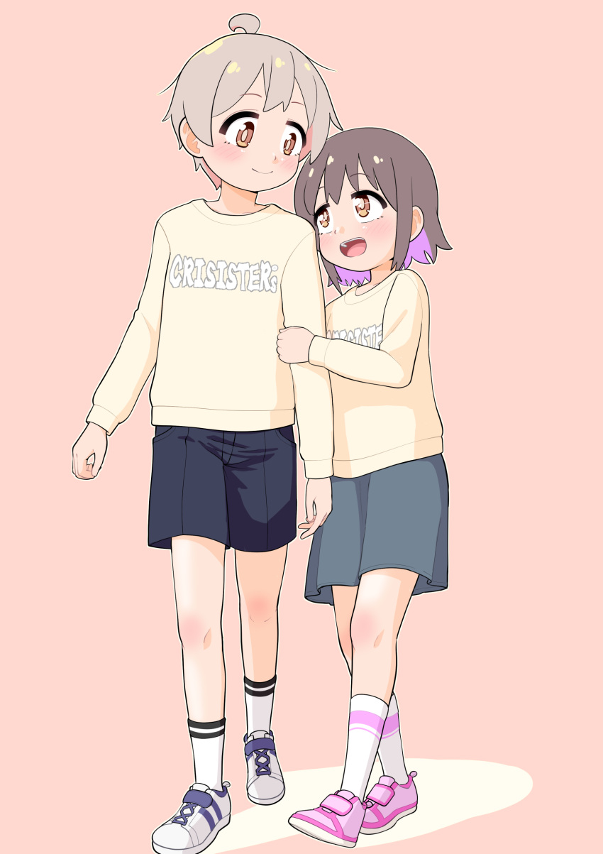 1boy 1girl :d absurdres aged_down ahoge arm_hug bare_legs black_hair black_shorts brother_and_sister brown_eyes child clothes_writing commentary full_body grey_hair grey_skirt happyundergate highres light_blush long_sleeves looking_at_another multicolored_hair onii-chan_wa_oshimai! open_mouth oyama_mahiro oyama_mahiro_(male) oyama_mihari pink_background pink_footwear pink_hair purple_hair shirt shoes short_hair shorts siblings simple_background skirt smile socks two-tone_hair white_footwear white_socks yellow_shirt