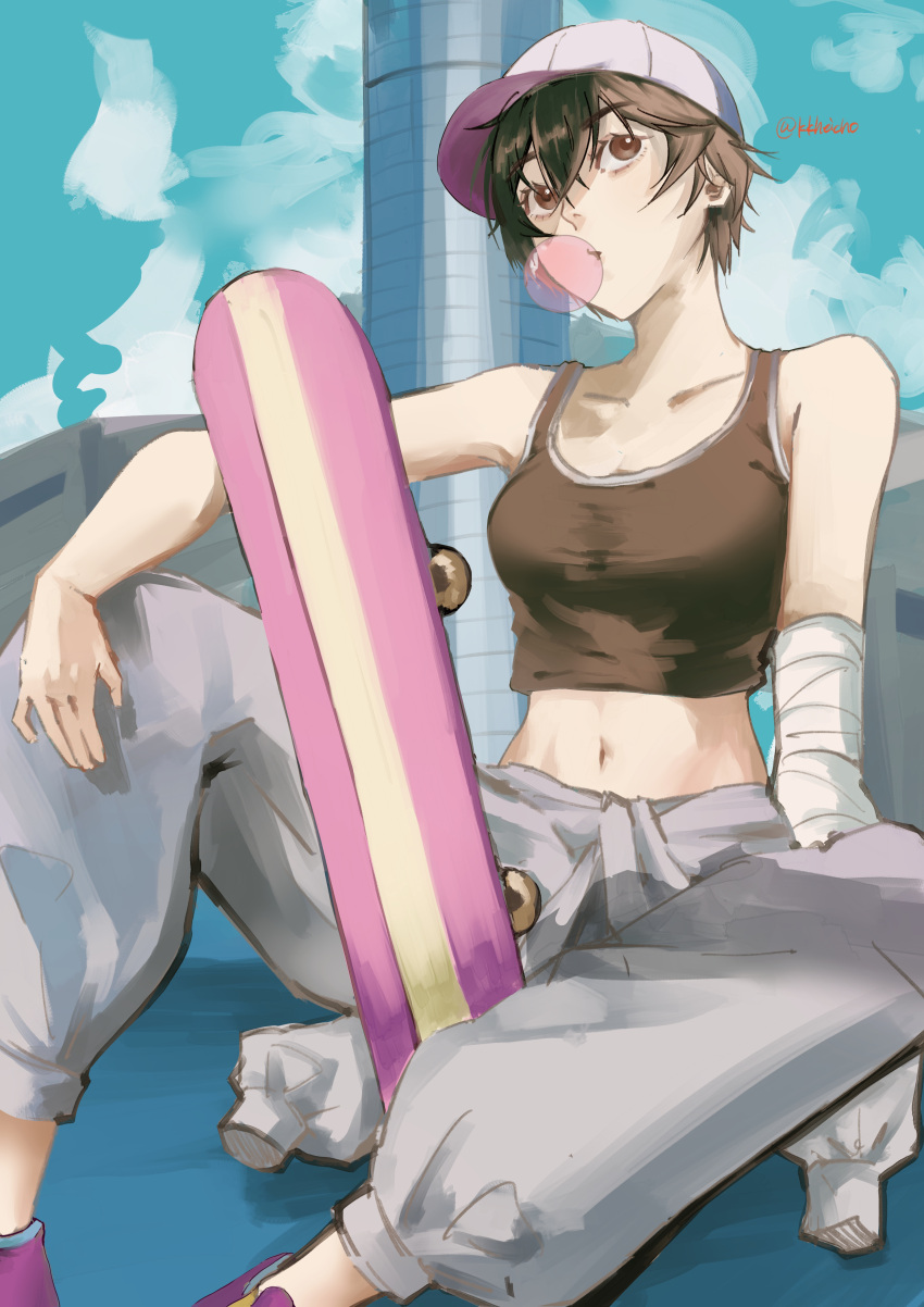 1girl absurdres artist_name bandaged_arm bandages bare_shoulders black_hair black_tank_top blue_sky breasts brown_eyes bubble_blowing building chewing_gum cleavage clothes_around_waist cloud collarbone commentary cropped_shirt feet_out_of_frame hair_between_eyes hand_on_own_knee highres holding holding_skateboard jacket jacket_around_waist kanbaru_suruga kkheicho knee_up looking_up medium_breasts midriff monogatari_(series) navel on_ground outdoors pants puffy_pants purple_footwear purple_headwear shoes short_hair signature sitting skateboard sky sleeveless sneakers solo tank_top tomboy twitter_username two-tone_headwear utility_pole very_short_hair white_headwear white_jacket white_pants