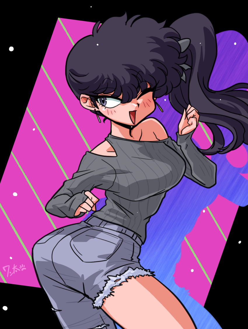 1980s_(style) 1girl abstract_background ass asymmetrical_legwear black_hair breasts dancing dangle_earrings earrings grey_pants grey_ribbon grey_sweater happy highres jewelry kunou_kodachi long_hair long_sleeves medium_breasts narrow_waist one_eye_closed open_mouth pants purple_eyes ranma_1/2 retro_artstyle side_ponytail single_bare_leg single_off_shoulder sweater uneven_legwear wanta_(futoshi)