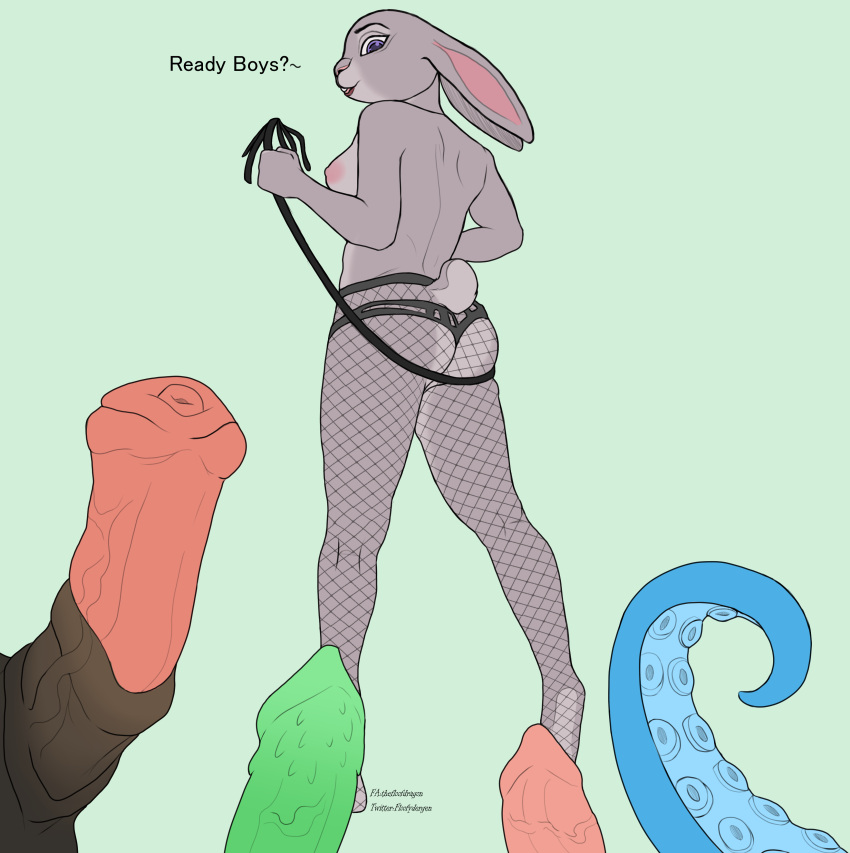 absurd_res animal_genitalia animal_penis anthro breasts canine_penis clothing disney equine_penis feline_penis female fishnet fishnet_legwear flat_colors genitals group hi_res judy_hopps lagomorph legwear leporid long_ears male male/female mammal penis rabbit sketchy teasing tentacles thefloofdragon whip zootopia