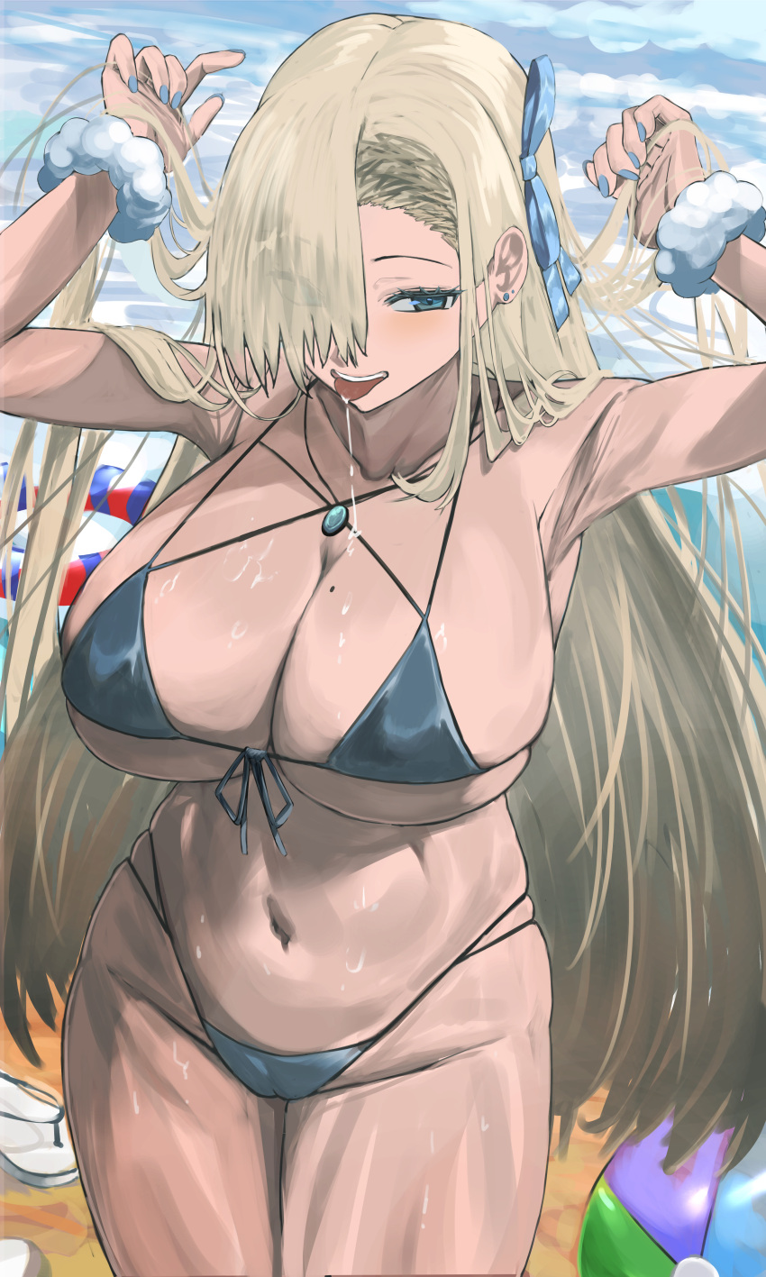 1girl absurdres arms_up asuna_(blue_archive) ball bare_shoulders beachball bikini blonde_hair blue_archive blue_eyes breasts cleavage collarbone hair_over_one_eye hair_ribbon highres large_breasts long_hair navel nuo_(fttv3255) open_mouth ribbon smile solo swimsuit thighs tongue tongue_out