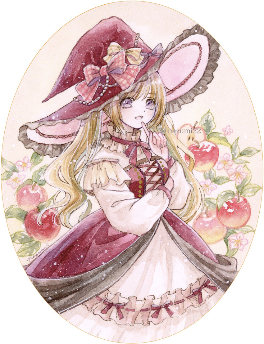 1girl apple artist_name beads blonde_hair bow choker circle collar commentary_request cross-laced_clothes dress dress_bow flower food frilled_choker frilled_collar frilled_dress frilled_hat frills fruit hat hat_bow hat_ribbon highres index_finger_raised layered_dress leaf long_hair long_sleeves looking_at_viewer nazumi_shiho open_mouth original painting_(medium) pink_flower plaid plaid_bow puffy_long_sleeves puffy_sleeves purple_eyes purple_headwear red_bow red_dress red_headwear ribbon ribbon-trimmed_dress round_image smile solo traditional_media twintails twitter_username two-tone_dress watercolor_(medium) watermark white_background white_collar white_dress white_flower witch witch_hat