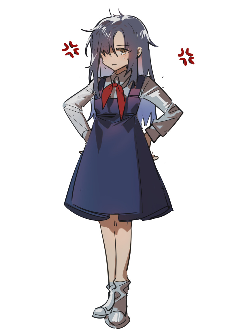1girl absurdres aged_down angelia_(girls'_frontline) anger_vein angry blue_dress blue_hair blueblossom brown_eyes collared_shirt commentary dress english_commentary full_body girls'_frontline hair_over_one_eye hands_on_own_hips highres long_hair long_sleeves neckerchief red_neckerchief shirt simple_background socks solo spoken_anger_vein white_background white_footwear white_shirt white_socks