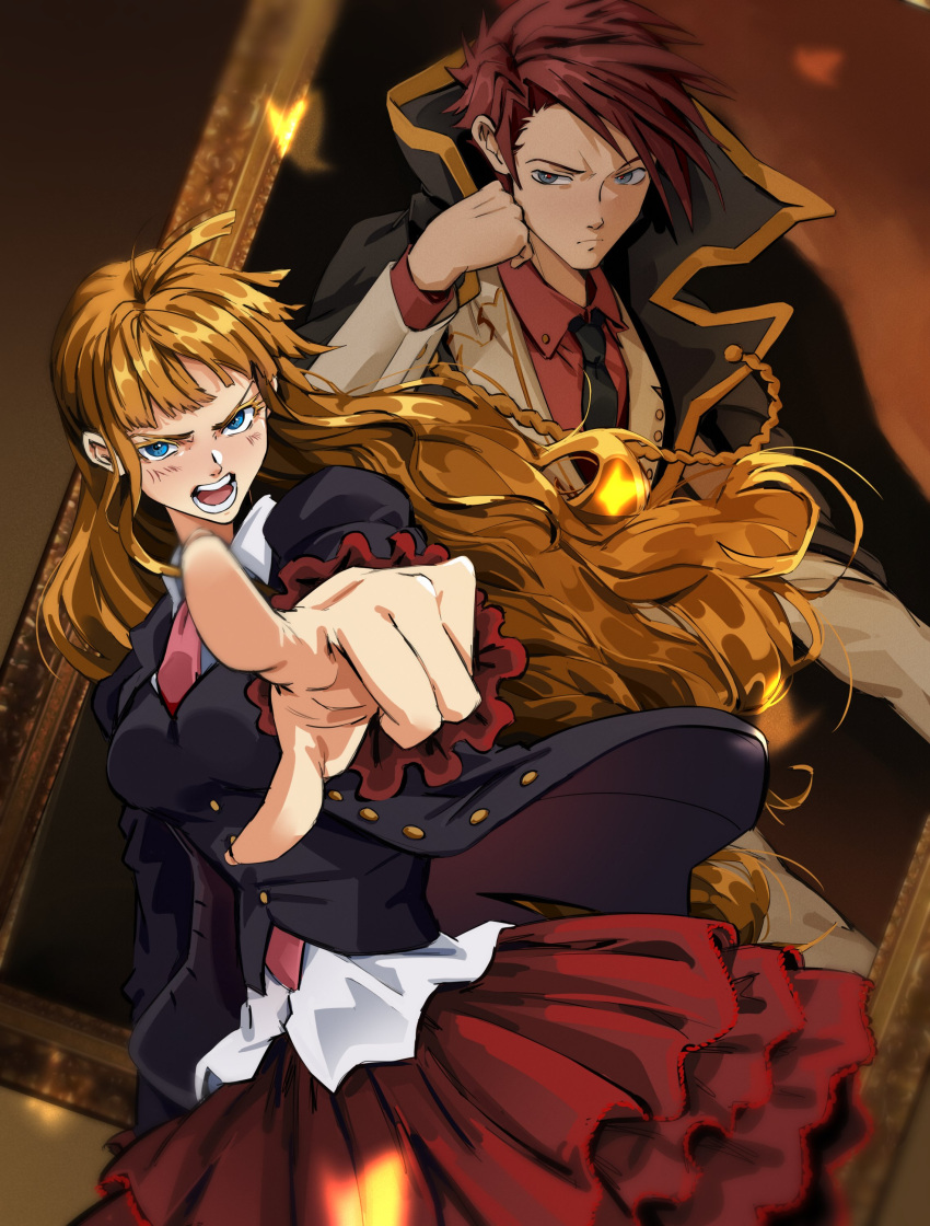 1boy 1girl absurdres aiguillette beatrice_(umineko) blazer blonde_hair blue_eyes blunt_bangs cloak comb_over formal frilled_sleeves frills head_rest highres jacket long_hair necktie open_clothes open_jacket open_mouth painting_(object) picture_frame pleated_skirt pointing pointing_at_viewer red_hair red_shirt red_skirt serious shirt skirt suit umineko_no_naku_koro_ni uneasywolf ushiromiya_battler waistcoat white_shirt