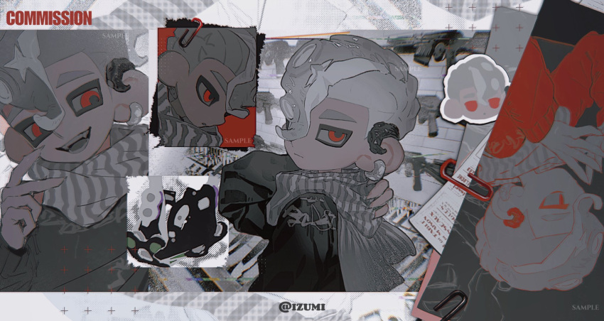 1boy adjusting_scarf arm_up artist_name black_sweater chibi chibi_inset closed_mouth commission earrings expressionless fangs from_side grey_hair gun hair_over_one_eye half-closed_eyes highres izumi_087 jewelry male_focus mohawk octoling octoling_boy octoling_player_character one_eye_covered open_mouth paperclip parted_lips red_eyes red_sweater sample_watermark scarf short_hair single_earring solo splatoon_(series) steepled_fingers striped_clothes striped_scarf suction_cups sweater tentacle_hair tetra_dualies_(splatoon) thick_eyebrows upside-down watermark weapon