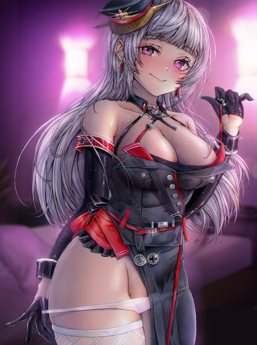 1girl absurdres areola_slip asymmetrical_dress azur_lane black_dress black_gloves black_headwear breasts cleavage commander_kei detached_collar dress earrings fishnet_thighhighs fishnets gloves grey_hair half_gloves hat highres jewelry long_hair looking_at_viewer military_hat panties panty_pull peaked_cap pulled_by_self purple_eyes shiny shiny_skin solo standing thighhighs underwear white_panties white_thighhighs wing_collar yorck_(azur_lane)