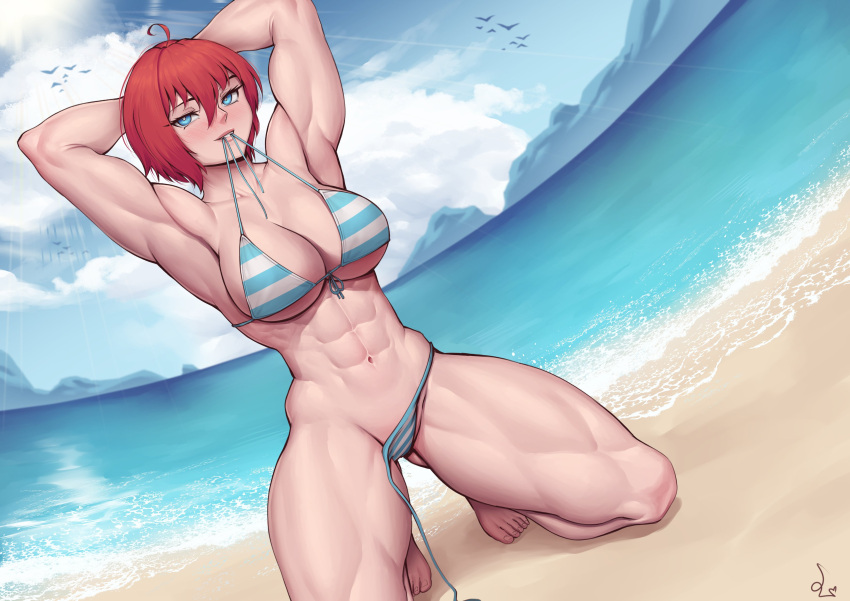 1girl abs absurdres beach bikini blue_bikini blue_eyes breasts cleavage highres large_breasts muscular muscular_female navel original red_hair short_hair solo speedl00ver striped striped_bikini swimsuit