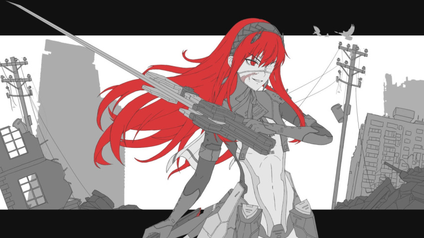 1girl bird bodysuit building eyepatch greyscale hairband long_hair medical_eyepatch monochrome one_eye_covered parted_lips partially_colored punishing:_gray_raven red_eyes red_hair ruins scar scar_on_face sidelocks solo vera_(punishing:_gray_raven) weapon