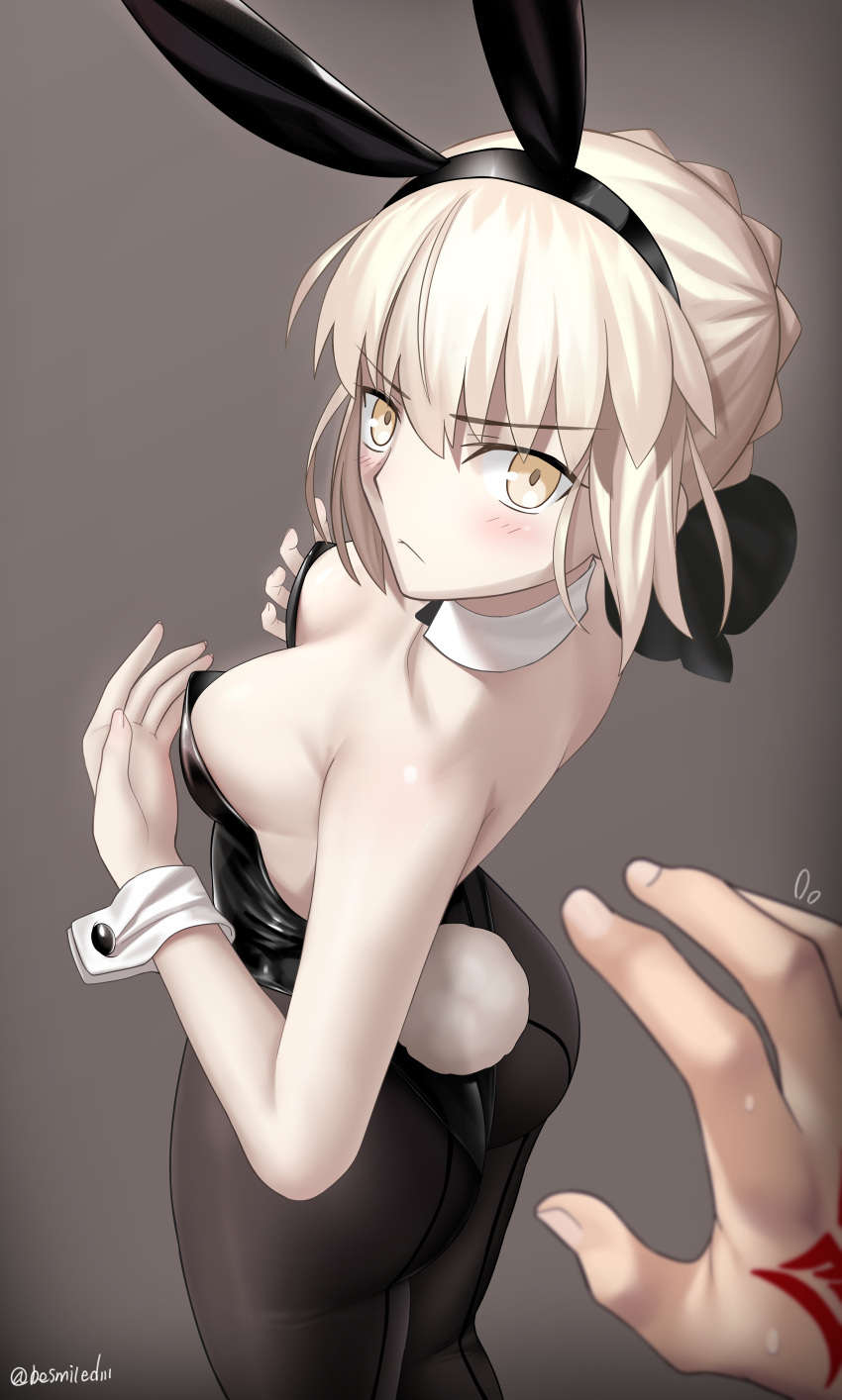 1boy 1girl absurdres animal_ears artoria_pendragon_(fate) ass besmiled black_leotard black_ribbon blonde_hair braid breasts brown_pantyhose command_spell detached_collar fake_animal_ears fate/grand_order fate_(series) french_braid fujimaru_ritsuka_(male) hair_bun hair_ribbon highleg highleg_leotard highres leotard long_hair looking_at_viewer looking_back medium_breasts pantyhose playboy_bunny rabbit_ears rabbit_tail ribbon saber_alter sidelocks solo_focus tail wrist_cuffs yellow_eyes