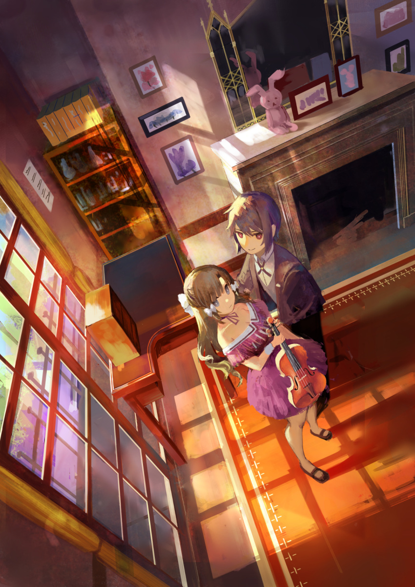 1boy 1girl black_footwear bow brown_hair closed_mouth dress dutch_angle fireplace formal from_above hair_bow highres holding holding_instrument holding_violin indoors instrument jacket long_hair music neck_ribbon off-shoulder_dress off_shoulder ogimotozukin original painting_(object) picture_frame purple_dress purple_eyes purple_hair red_eyes ribbon shirt shoes short_hair sitting smile standing stuffed_animal stuffed_rabbit stuffed_toy violin white_shirt window
