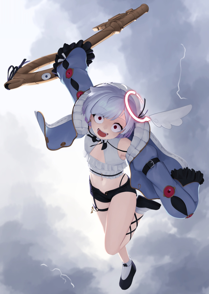 1girl :d amemiya_nazuna angel_wings black_footwear black_shorts cloud cloudy_sky commentary constricted_pupils crazy_eyes crop_top english_commentary false_smile flat_chest frilled_sleeves frills full_body grey_hair halo highres imminent_hit jacket lightning long_sleeves looking_at_viewer midriff navel open_mouth red_eyes shoes short_hair short_shorts shorts single_wing sky sleeves_past_wrists smile socks solo thigh_strap virtual_youtuber vshojo white_socks wings yoako
