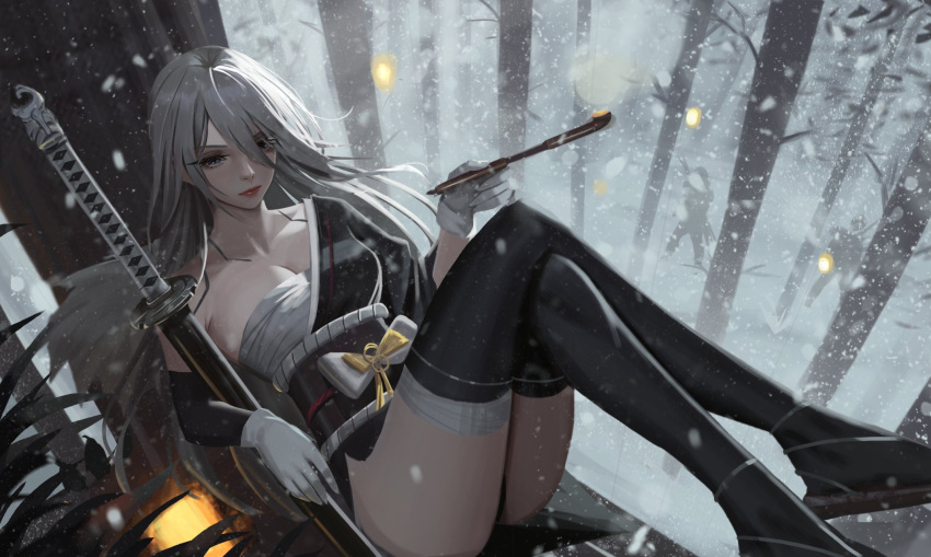 1girl a2_(nier:automata) bandages black_kimono black_thighhighs chest_sarashi commentary crossed_legs elbow_gloves gloves grey_hair highres holding holding_smoking_pipe japanese_clothes kimono kiseru long_hair lying neo_(neorarty3) nier:automata nier_(series) on_back sarashi single_bare_shoulder smoking_pipe solo thighhighs thighs white_gloves