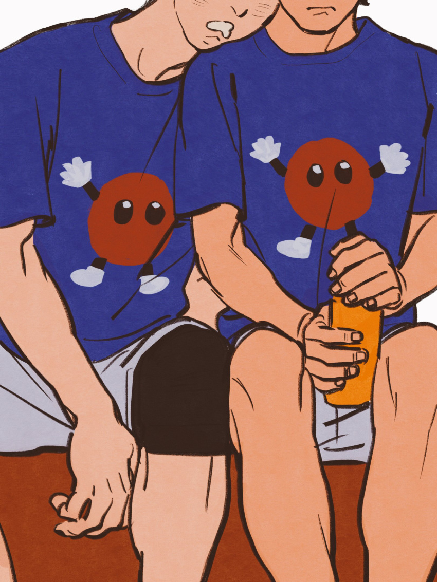 2boys akaashi_keiji blue_shirt bokuto_koutarou bottle chengongzi123 closed_mouth commentary cropped_head drooling feet_out_of_frame grey_shorts haikyuu!! highres holding holding_bottle knee_pads leaning_on_person male_focus mouth_drool multiple_boys shirt short_sleeves shorts simple_background sitting sleeping symbol-only_commentary water_bottle white_background