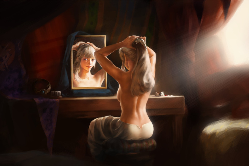 1girl adjusting_hair backboob blonde_hair breasts final_fantasy final_fantasy_xiv formtheheadcom from_behind hair_ornament highres hyur light_rays lyse_hext median_furrow mirror reflection sitting smile solo sunlight table topless vanity_table window