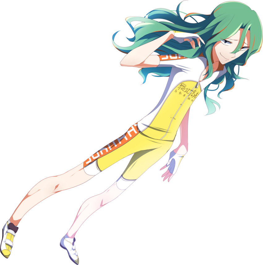 1boy black_eyes closed_mouth dutch_angle fingerless_gloves full_body furrowed_brow gloves green_hair hand_in_own_hair jacket knees long_hair looking_at_viewer makishima_yuusuke male_focus shoes short_sleeves shorts simple_background smile sneakers soccer_uniform solo sportswear usamata white_background white_footwear white_gloves white_sleeves yellow_jacket yellow_shorts yowamushi_pedal zipper zipper_pull_tab
