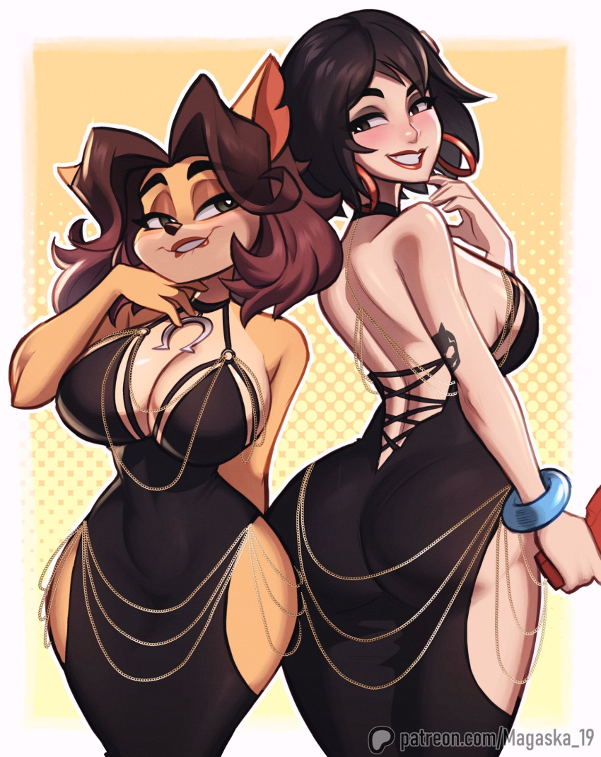 2024 alyssa_bandicoot_(oc) anthro bandicoot big_breasts bite biting_lip black_clothing black_dress black_nose breasts brown_hair butt cleavage clothed clothing dress duo ear_piercing ear_ring eyebrow_through_hair eyebrows eyelashes female fur hair hi_res human looking_at_viewer magaska19 mammal marsupial piercing ring_piercing short_hair side_boob smile tan_body tan_fur translucent translucent_hair wide_hips