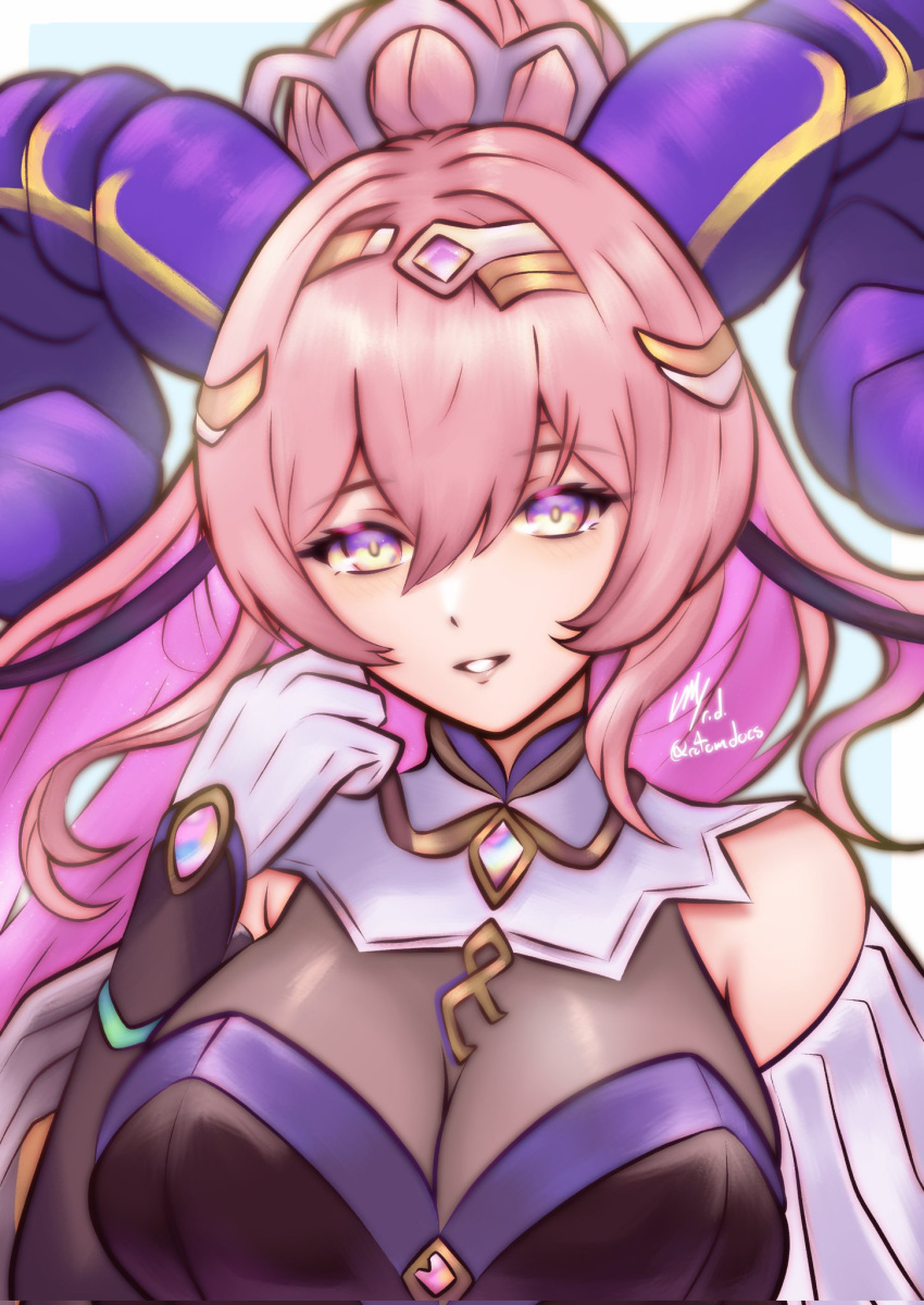 1girl breasts curled_horns fire_emblem fire_emblem_heroes goat_girl gold_circlet gold_horns highres horns large_breasts large_horns looking_at_viewer nerthuz_(fire_emblem) pink_eyes pink_hair purple_horns rotomdocs solo