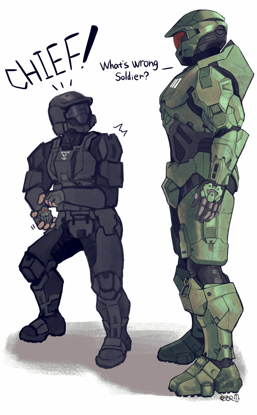 2boys absurdres armor assault_visor black_gloves chinese_commentary dianchi_r english_text fingerless_gloves gloves grey_gloves halo_(series) halo_2 highres holding holding_toy looking_up master_chief multiple_boys odst power_armor romaji_commentary shadow simple_background spartan_(halo) surprised toy white_background