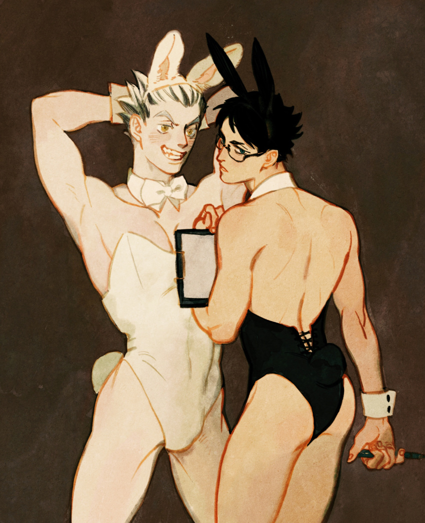 2boys absurdres akaashi_keiji animal_ears arms_behind_head black_eyes black_hair black_leotard bokuto_koutarou bow bowtie brown_background bulge chengongzi123 commentary cowboy_shot crossdressing detached_collar fake_animal_ears fake_tail glasses grey_hair grin haikyuu!! highres leotard looking_at_viewer looking_back male_focus multicolored_hair multiple_boys parted_lips playboy_bunny rabbit_ears rabbit_tail short_hair simple_background smile standing streaked_hair symbol-only_commentary tail thick_eyebrows very_short_hair white_bow white_bowtie white_leotard wrist_cuffs yellow_eyes