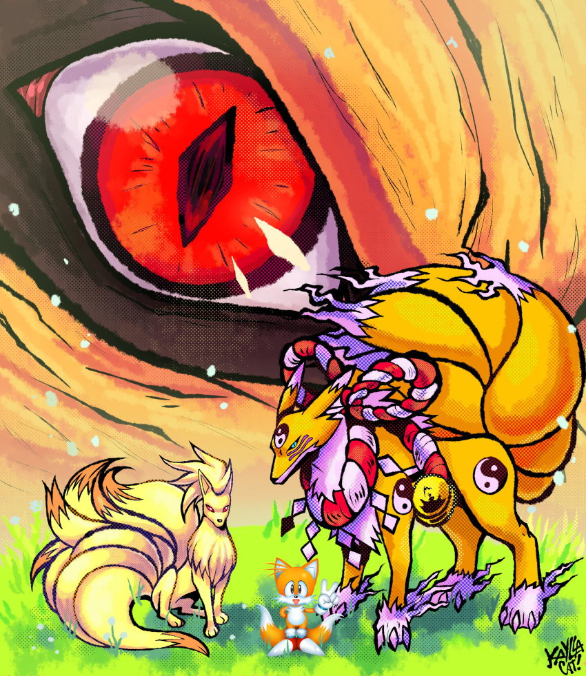 2boys 2others absurdres crossover digimon extra_tails fox grass highres kaylla kurama_(naruto) kyuubimon multiple_boys multiple_crossover multiple_others naruto_(series) ninetales pokemon pokemon_(creature) red_eyes slit_pupils sonic_(series) standing tails_(sonic) trait_connection v yin_yang