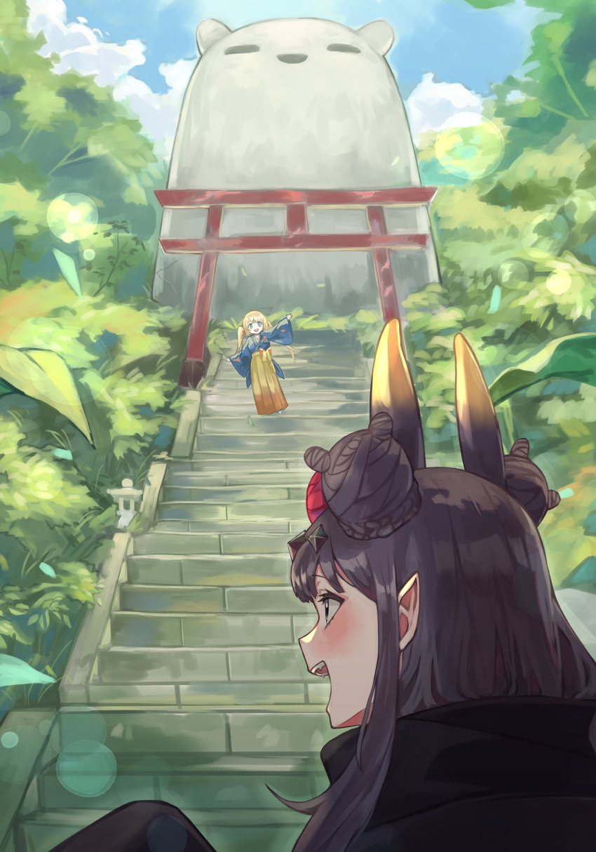 2girls :d absurdres arm_up black_kimono black_scarf blonde_hair blue_eyes blue_kimono blue_sky blunt_bangs blush braid braided_bun bush cloud commentary_request day double_bun eyelashes facing_away fangs flower forest hair_bun hair_flower hair_ornament hakama hakama_skirt highres hololive hololive_english japanese_clothes kimono kiwwwwwi lens_flare long_hair long_sleeves looking_at_another multiple_girls nature ninomae_ina'nis ninomae_ina'nis_(new_year) open_mouth outdoors pointy_ears purple_eyes purple_hair red_flower scarf sidelocks skirt sky smile stairs standing statue stone_lantern stone_stairs takodachi_(ninomae_ina'nis) teeth torii tree twintails upper_body upper_teeth_only virtual_youtuber watson_amelia watson_amelia_(new_year) waving wide_sleeves yellow_hakama