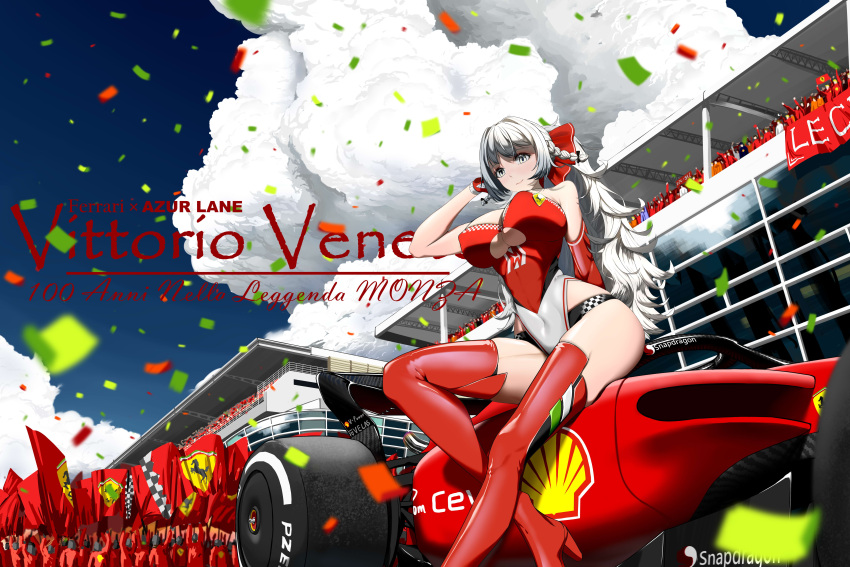 1girl absurdres alternate_costume asymmetrical_gloves azur_lane black_panties blue_sky boots bow breasts car chinese_commentary clothing_cutout cloud confetti covered_nipples elbow_gloves ferrari formula_one from_below gloves grey_hair ground_vehicle hair_bow hand_in_own_hair high_heel_boots high_heels highres kangkehuohuohuo large_breasts leotard logo long_hair looking_at_viewer motor_vehicle outdoors panties panties_under_leotard panty_straps race_queen racetrack red_bow red_footwear red_leotard shell_(company) single_elbow_glove skindentation sky strapless strapless_leotard thigh_boots thighs two-tone_leotard underboob_cutout underwear vittorio_veneto_(azur_lane) white_eyes white_leotard