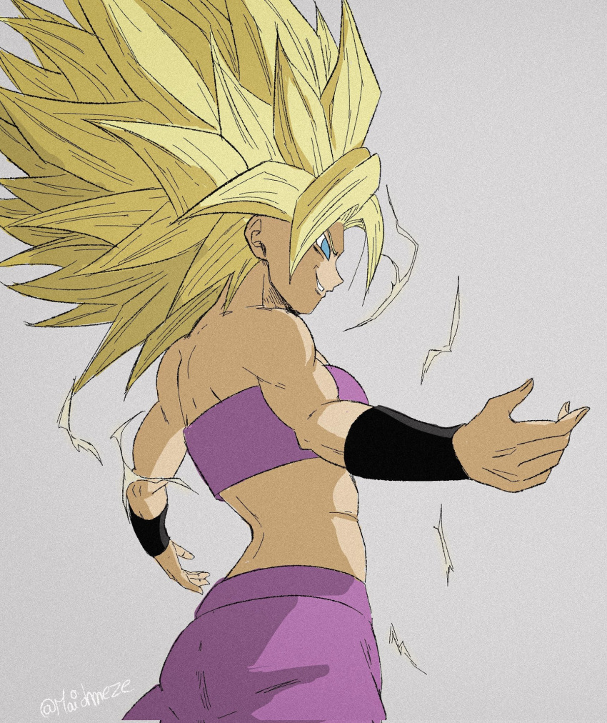 1girl blonde_hair caulifla dragon_ball dragon_ball_super electricity from_behind green_eyes grey_background highres maiohneze muscular muscular_female outstretched_arms panties purple_panties purple_tube_top solo spiked_hair spread_arms strapless super_saiyan super_saiyan_2 tube_top underwear