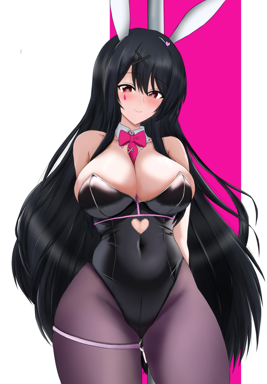 1girl animal_ears arms_behind_back ass_visible_through_thighs black_hair black_leotard breasts clothing_cutout cosplay cutout_above_navel detached_collar fake_animal_ears fusou_(kancolle) hair_ornament hatsune_miku hatsune_miku_(cosplay) heart heart-shaped_pupils heart_cutout highleg highleg_leotard highres kanoson kantai_collection large_breasts leotard long_hair pantyhose playboy_bunny pole purple_pantyhose rabbit_ears rabbit_hole_(vocaloid) red_eyes solo stomach_cutout strapless strapless_leotard stripper_pole symbol-shaped_pupils teardrop_facial_mark very_long_hair x_hair_ornament