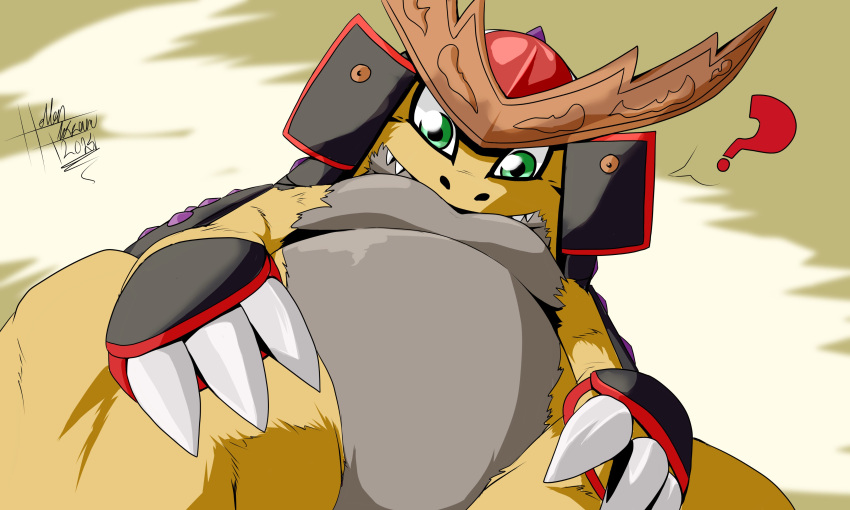 absurd_res anthro armor bandai_namco belly claws digimon digimon_(species) dragon fur furred_dragon green_eyes headgear heibanhikaru helmet hi_res male mythological_creature mythological_scalie mythology pec_pov_meme pecs ryudamon samurai scalie solo warrior yellow_body yellow_fur