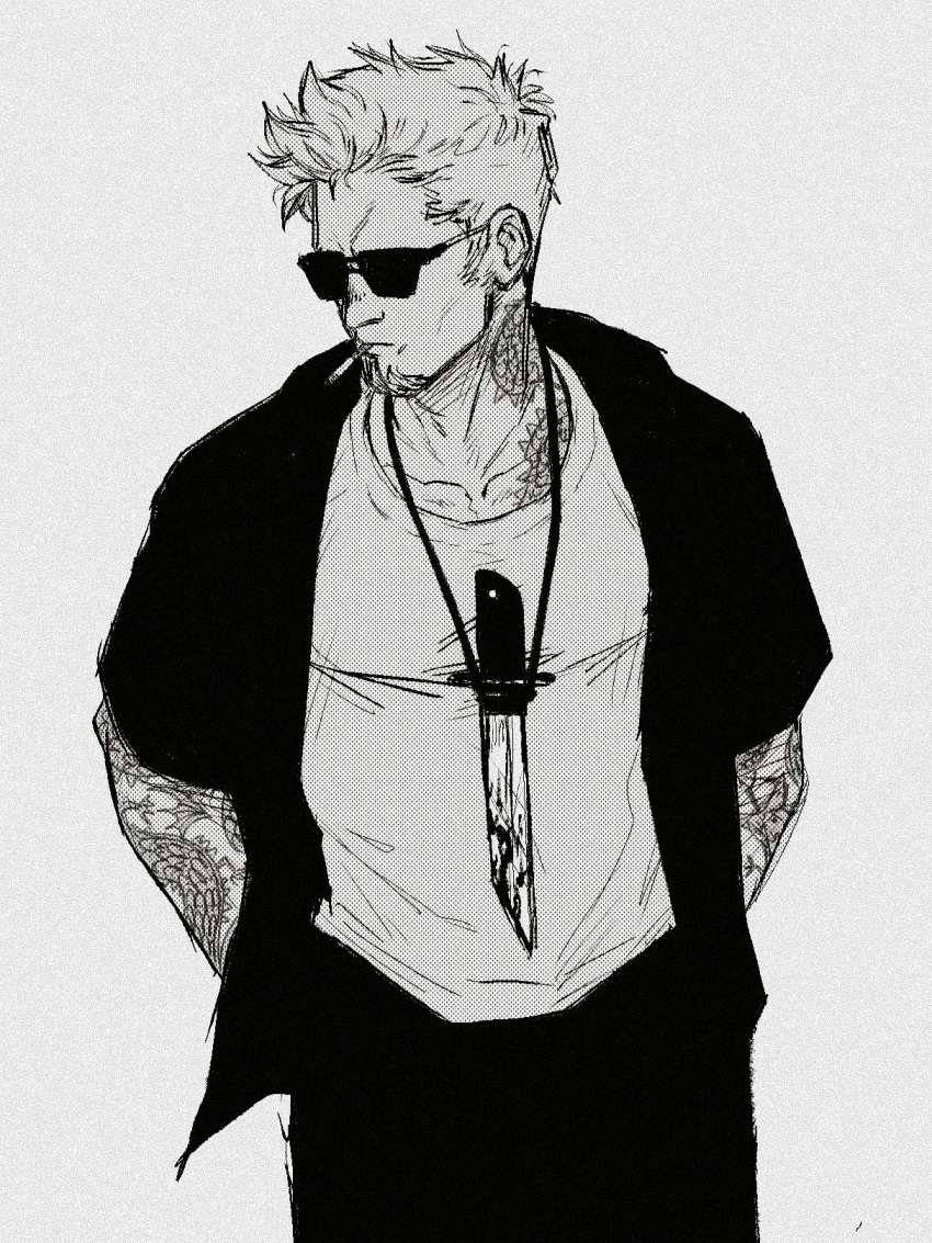 1boy cigarette constantine cowboy_shot dagger facial_hair goatee greyscale highres jewelry john_constantine knife l.r.silva looking_to_the_side male_focus mature_male monochrome necklace shirt short_hair solo standing sunglasses t-shirt tattoo weapon