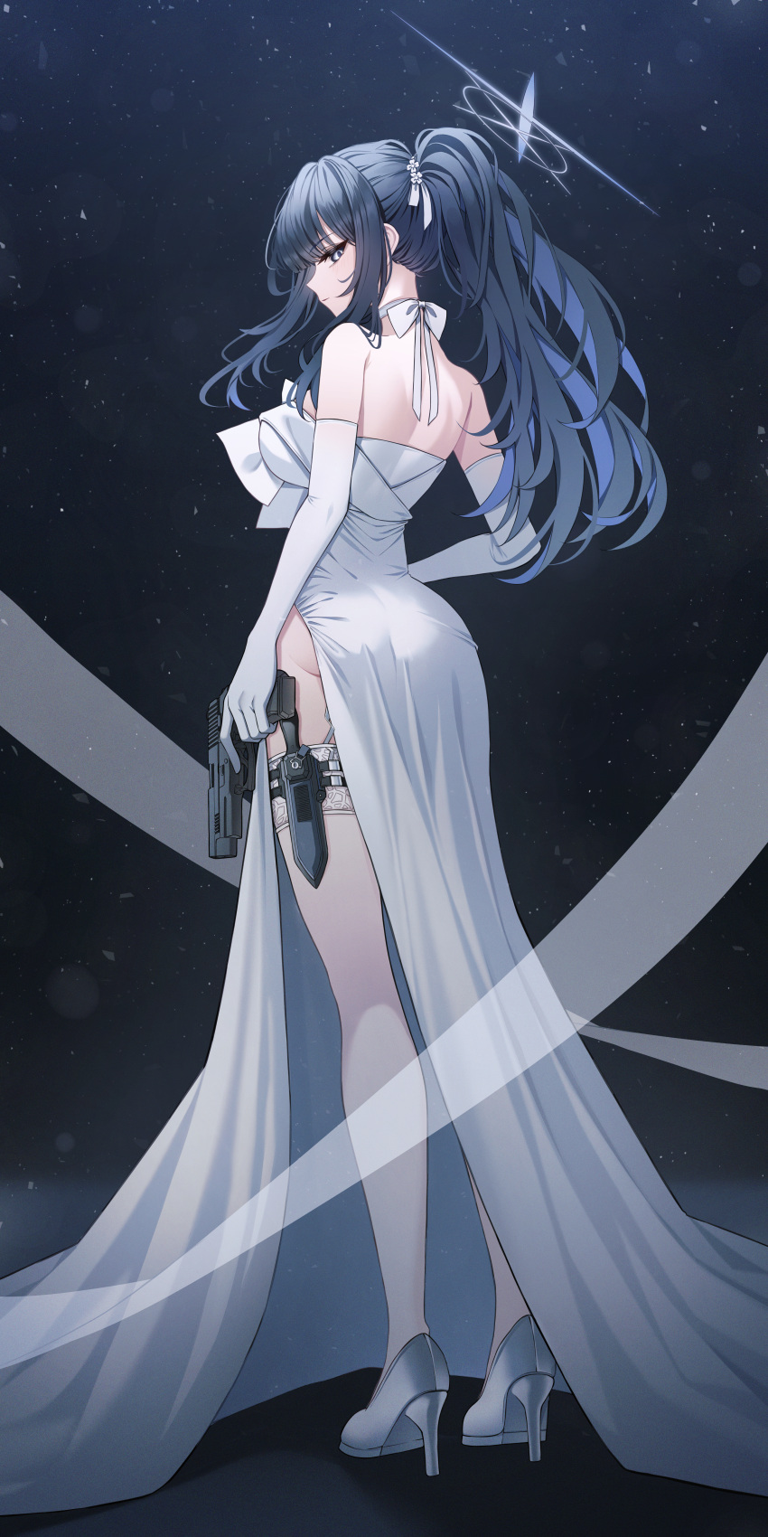 1girl absurdres black_hair blue_archive blue_eyes blue_halo breasts choker closed_mouth dress elbow_gloves full_body gloves gun halo high_heels highres holding holding_gun holding_weapon kneepits large_breasts long_hair official_alternate_costume popcat_(jung5u) saori_(blue_archive) saori_(dress)_(blue_archive) solo strapless strapless_dress thighhighs weapon white_choker white_dress white_footwear white_gloves white_thighhighs