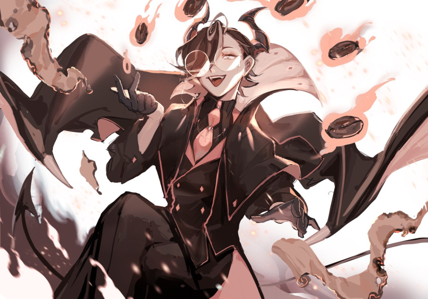 1boy :d black_cape black_gloves black_hair black_jacket black_pants black_shirt burning buttons cape coffee_beans collar_chain_(jewelry) collared_shirt cookie_run crossed_legs dark-skinned_male dark_skin demon_boy demon_horns demon_tail demon_wings desk_(cccccccc_ds) diamond_button double-breasted earrings espresso_cookie eyewear_strap fangs feet_out_of_frame fire glasses gloves hair_behind_ear hair_over_one_eye half_gloves hand_up highres horns humanization jacket jewelry light_particles long_sleeves looking_at_viewer magic male_focus mystical_high_collar necktie pants pink_eyes pink_necktie round_eyewear scroll shirt short_hair simple_background sitting slit_pupils smile solo tail teeth upper_teeth_only white_background wing_cape wings