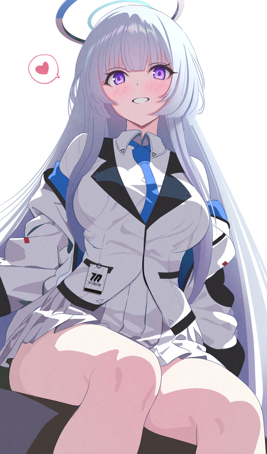1girl absurdres blue_archive blue_necktie blush breasts collared_shirt grey_hair grin highres jacket large_breasts long_hair long_sleeves necktie ni_tamago_sando noa_(blue_archive) pleated_skirt purple_eyes shirt simple_background skirt smile solo white_background white_jacket white_shirt white_skirt