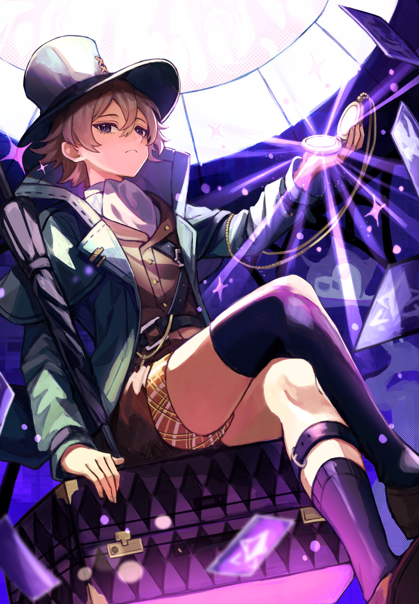 1boy :&lt; absurdres arm_support ascot asymmetrical_legwear bishounen black_coat black_headwear black_socks black_thighhighs black_umbrella brown_footwear brown_hair brown_shorts brown_vest card closed_umbrella coat crossed_legs from_below glowing hand_up hat highres holding holding_pocket_watch legwear_garter long_sleeves looking_at_viewer looking_down male_focus oliver_fog on_suitcase open_clothes open_coat pocket_watch pone_(user_smrj2588) purple_background purple_eyes reverse:1999 shirt short_hair shorts single_sock single_thighhigh sitting socks solo suitcase thighhighs top_hat umbrella uneven_legwear vest waistcoat watch white_ascot white_shirt