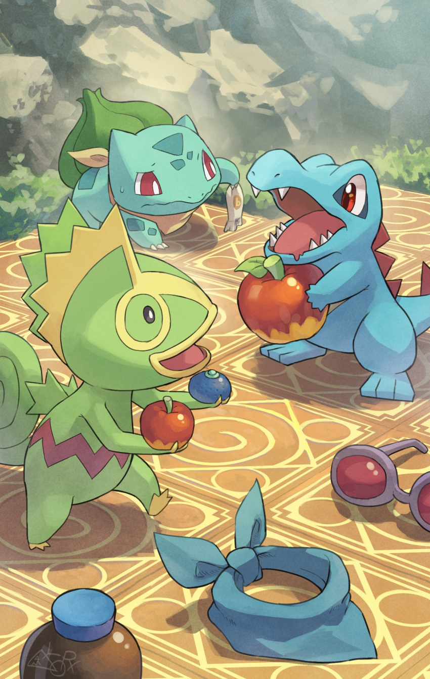 all_fours apple bandana bandana_around_neck blue_skin blurry blurry_background bulbasaur colored_skin food fruit glasses green_skin hakkentai_pokedan highres holding holding_food holding_fruit kecleon open_mouth pokemon pokemon_(creature) pokemon_mystery_dungeon red_eyes sharp_teeth standing teeth totodile yellow_bandana