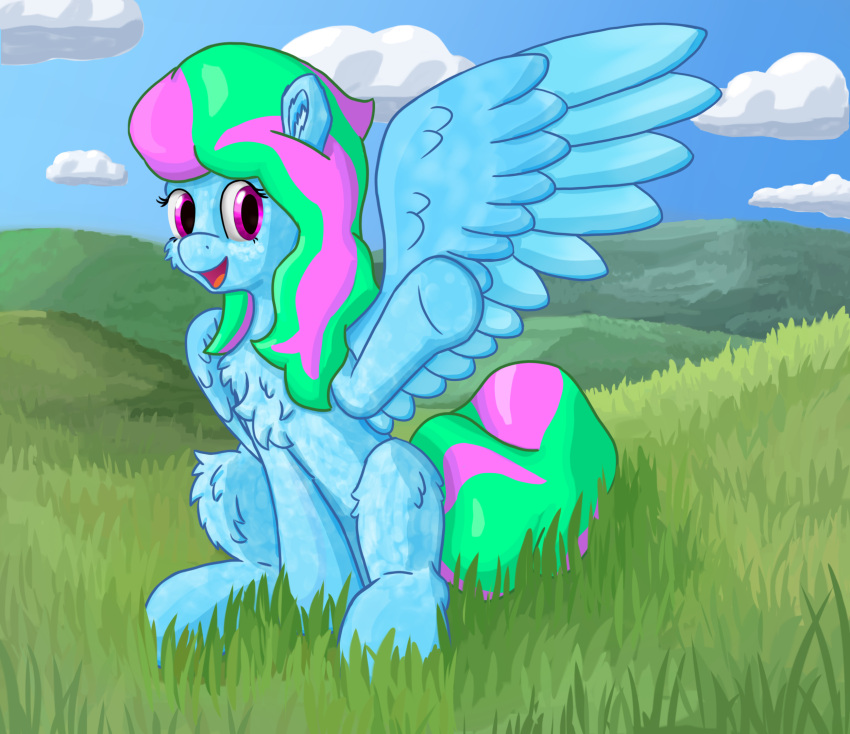 callichrome equid equine female feral gesture grass grass_field hasbro hi_res horse looking_at_viewer mammal my_little_pony mythological_creature mythological_equine mythology outside pegasus plant pony smile smiling_at_viewer solo waving waving_at_viewer wings