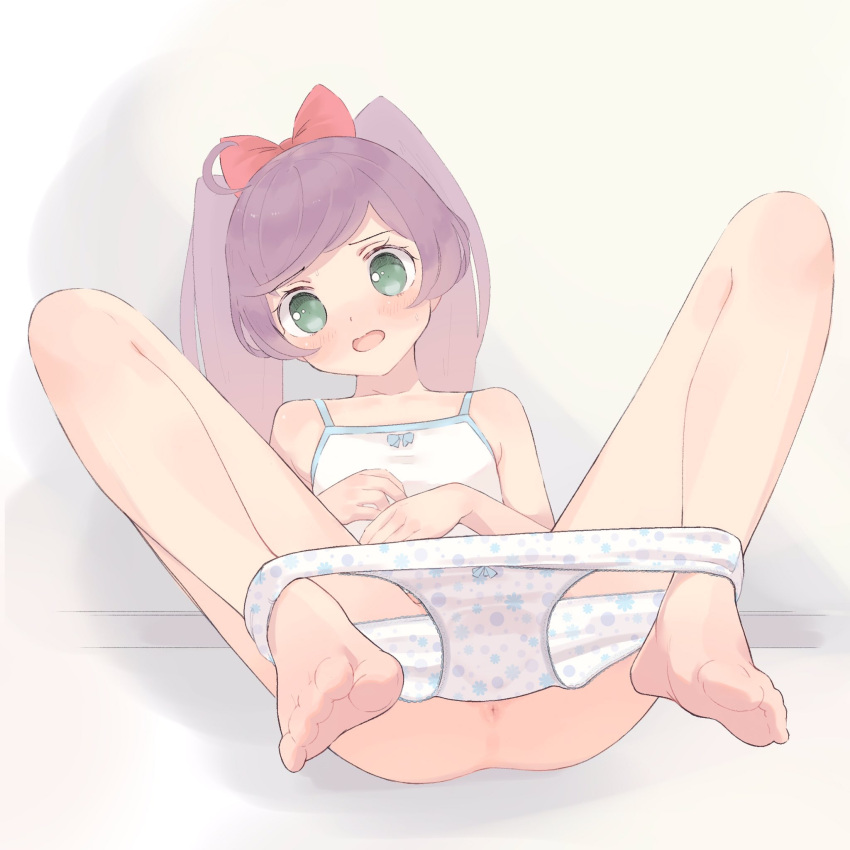 1girl against_wall anus bad_id bad_twitter_id barefoot blush bow bow_camisole bow_panties camisole dot_nose embarrassed full_body green_eyes hair_bow highres hyakumangoku_masurao legs_up looking_at_viewer lying manaka_laala nose_blush on_back open_mouth panties panties_around_ankles panty_pull pink_bow pretty_series print_panties purple_hair solo spread_legs twintails underwear underwear_only white_camisole white_panties